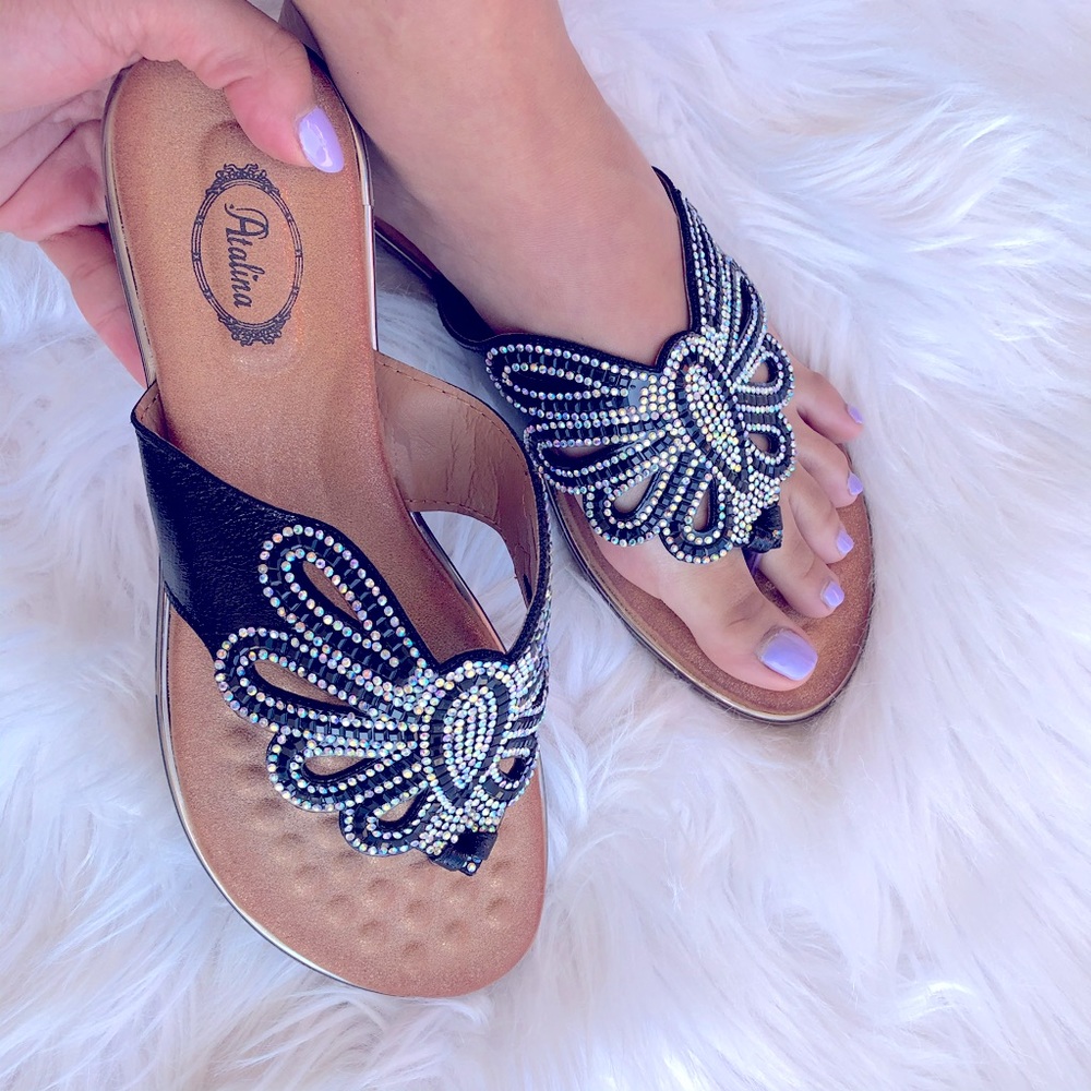 Last Chance BUTTERFLY Black AB Rhinestone Woven Bling Padded Slide Sandals 5.5 6 - Picture 3 of 10
